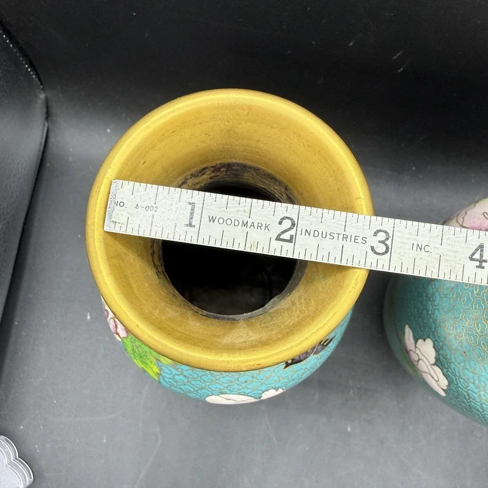 Vintage Chinese Teal Blue Cloisonne Enamel Brass Table Vases Pair Floral Birds - Picture 8 of 11